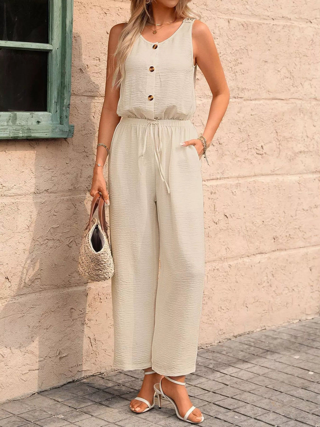 Sleeveless Button-Front Wide Leg Jumpsuit
