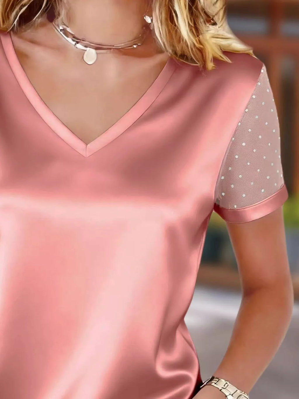 Polka Dot Mesh Sleeve Satin Short Sleeve Top