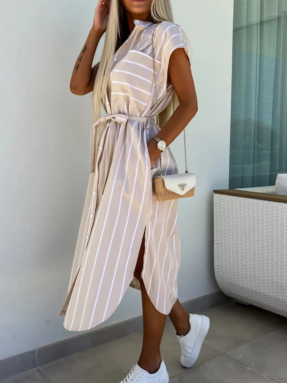Striped Tie Waist Short Sleeve Dress