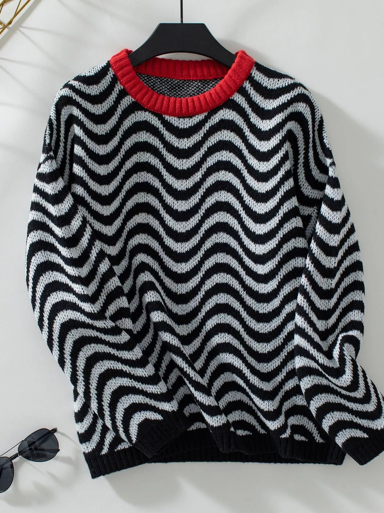 Wavy Striped Round Neck Sweater