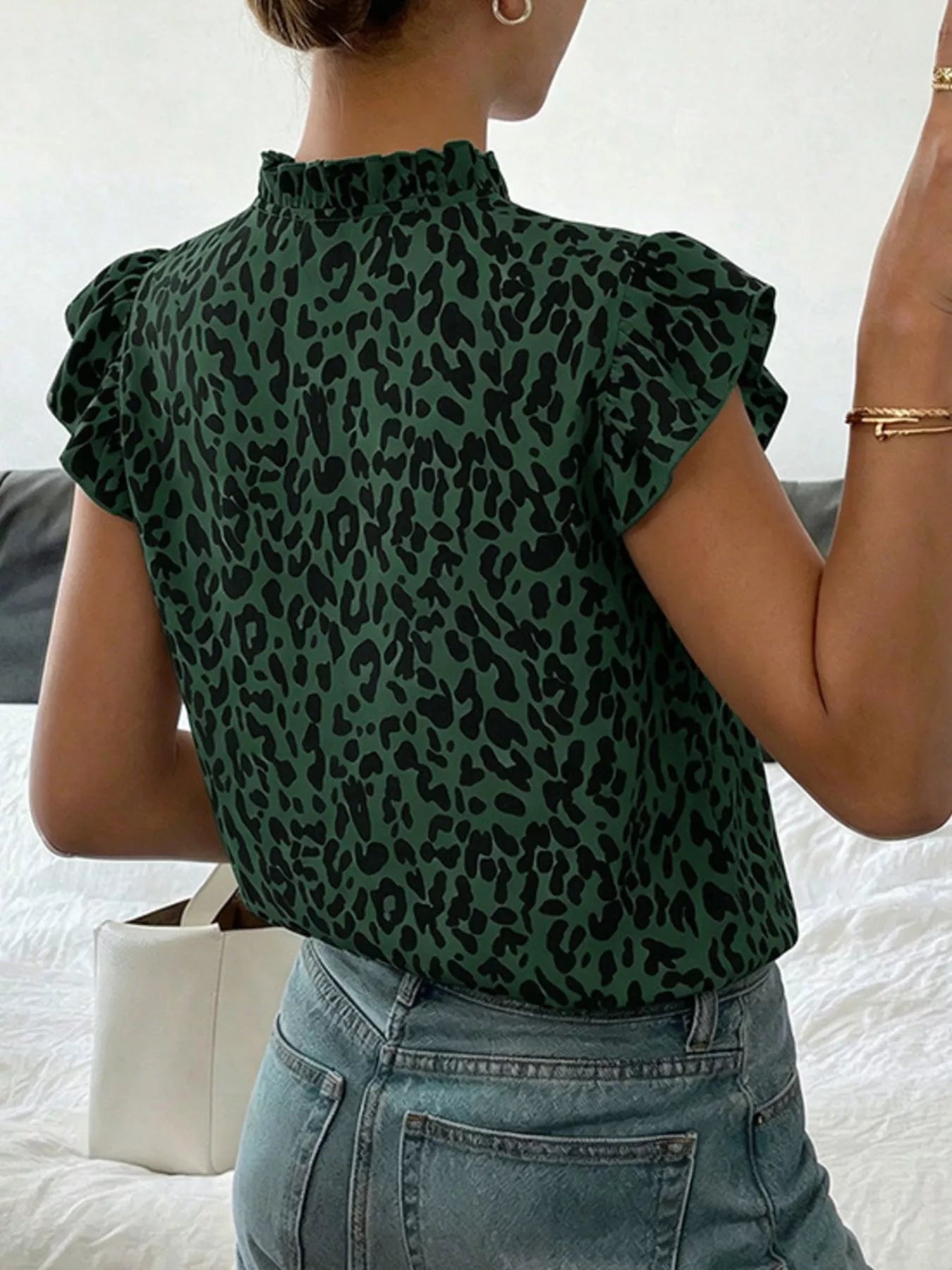 Leopard Print Ruffle Sleeve Blouse