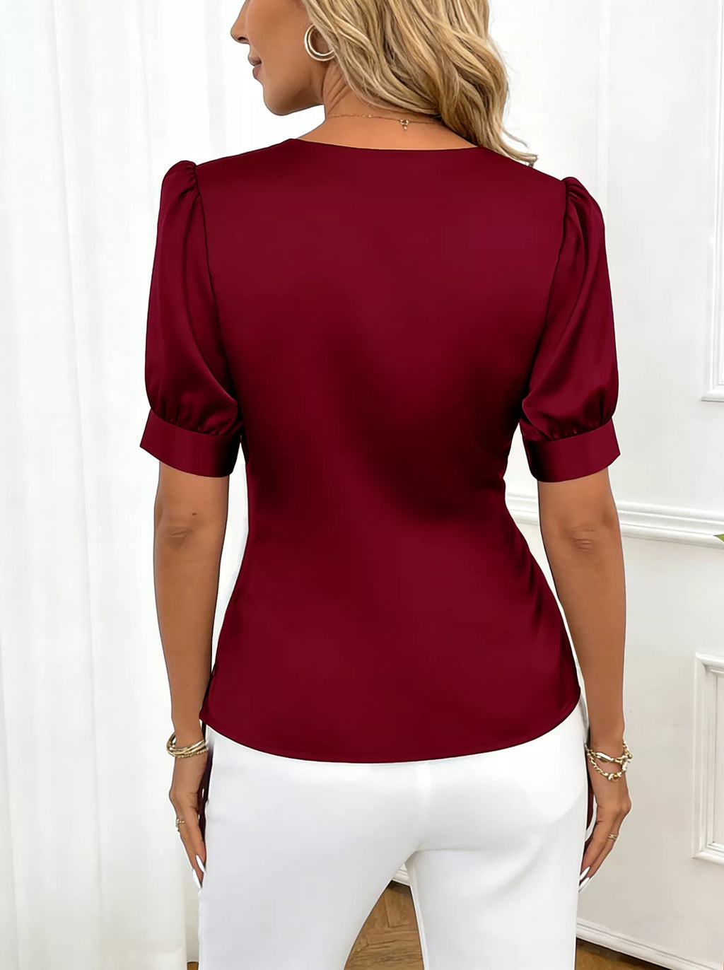 Satin Surplice Short Sleeve Blouse