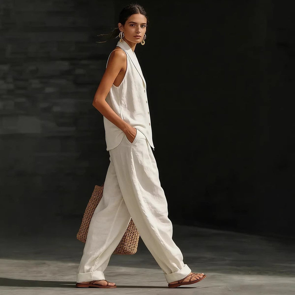 Women's Sleeveless Vest & Wide-Leg Pants Cotton-Linen Two-Piece Set
