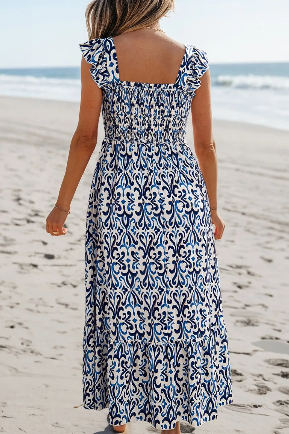 Smocked Printed Square Neck Dress