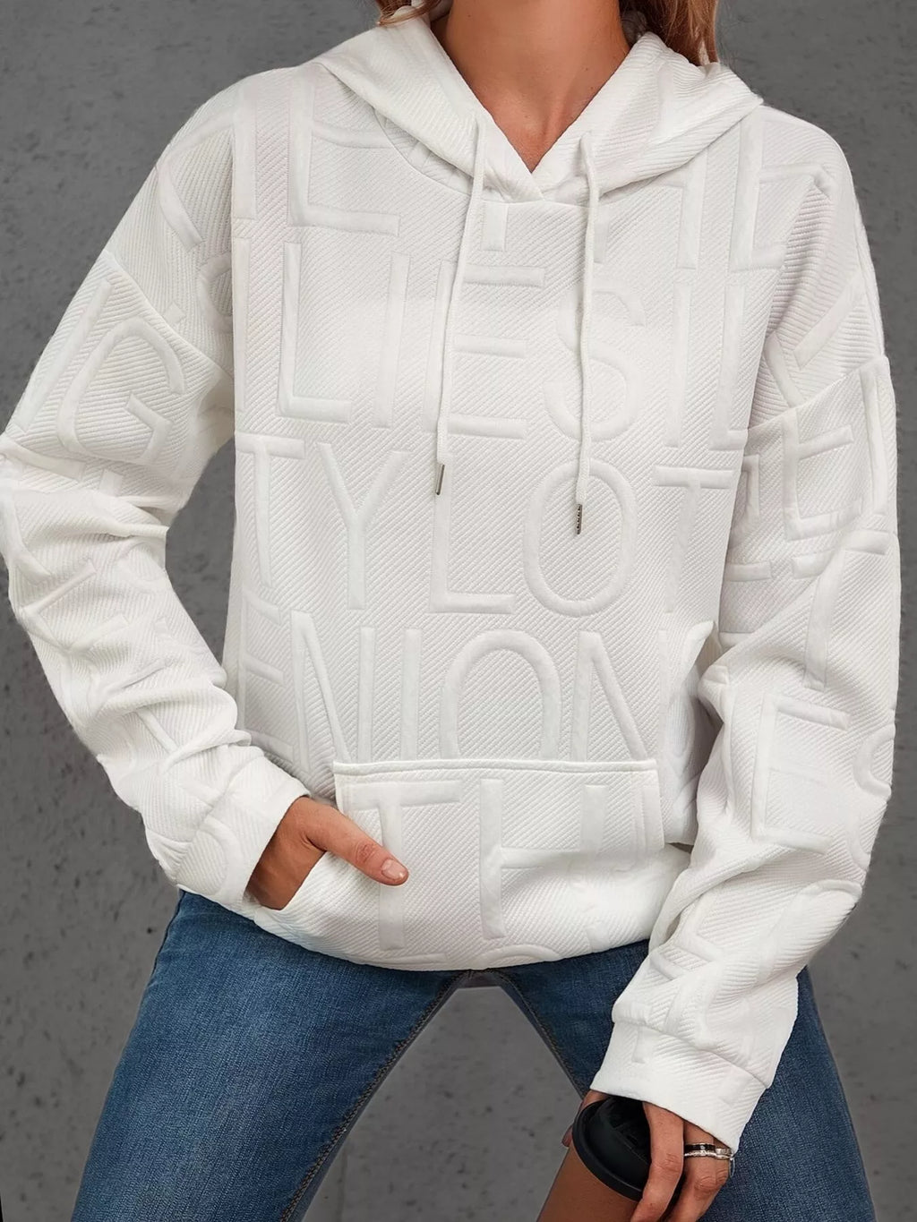 Full Size Textured Embossed Long Sleeve Hoodie Plus Size
