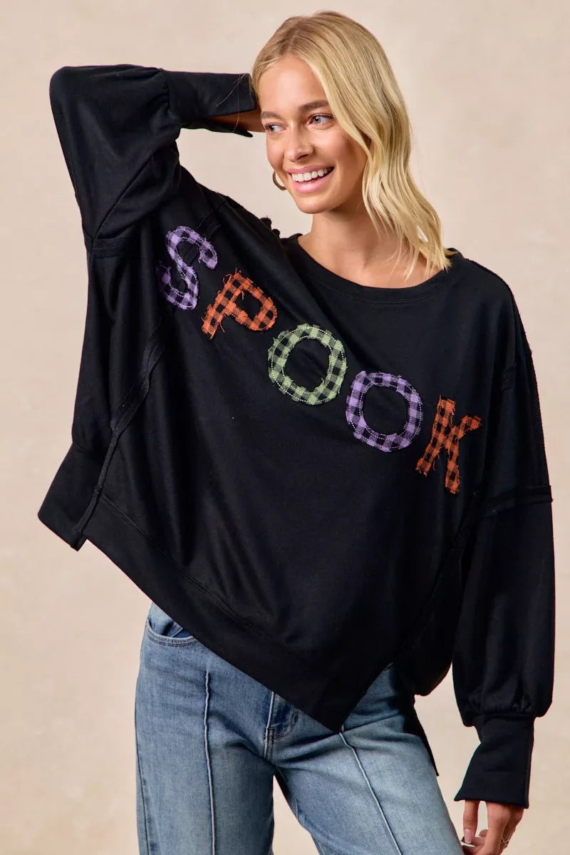 BiBi Spook Plaid Letter Print Oversized Sweatshirt
