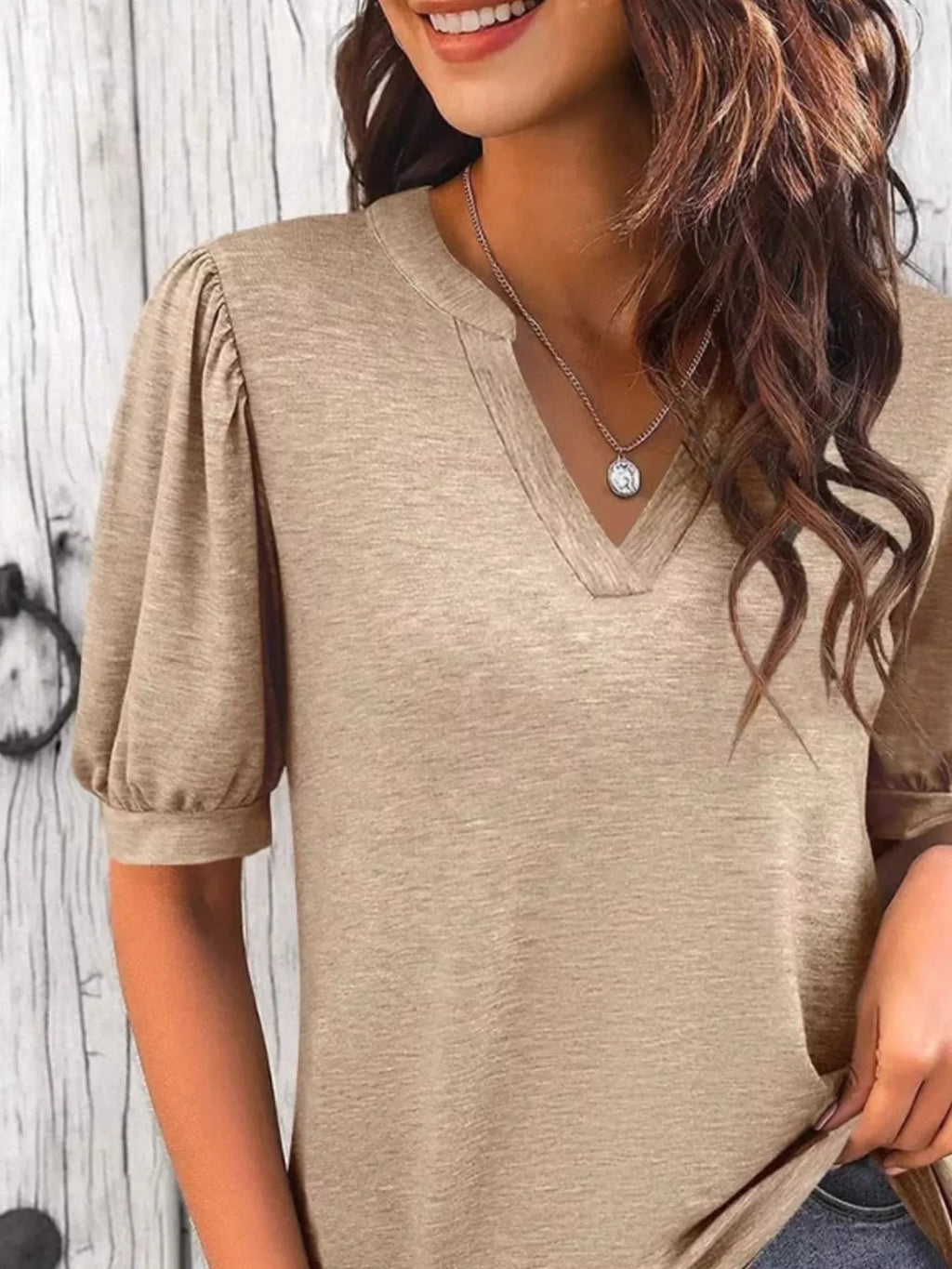 Puff Sleeve Notched Casual T-Shirt