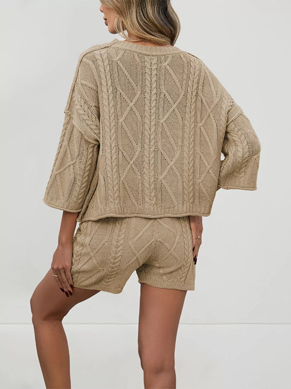Cable Knit Round Neck Top and Shorts Sweater Set