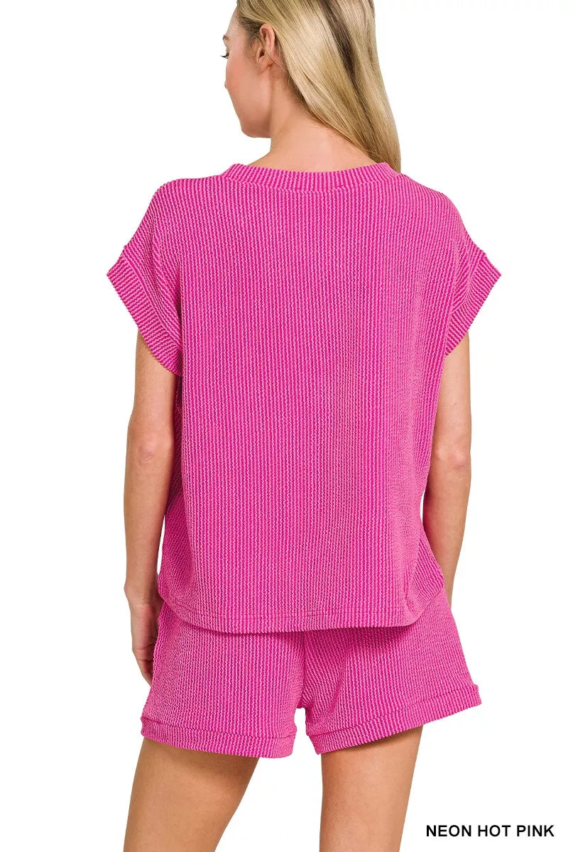 Zenana Raised Rib Cap Sleeve Top & Shorts Set