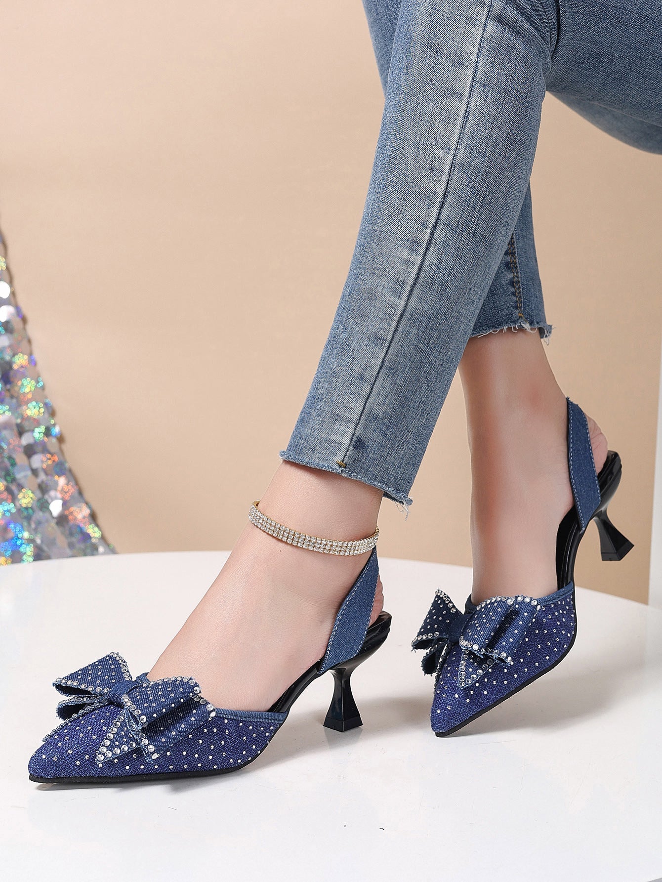 Rhinestone Bowknot Slingback Pumps