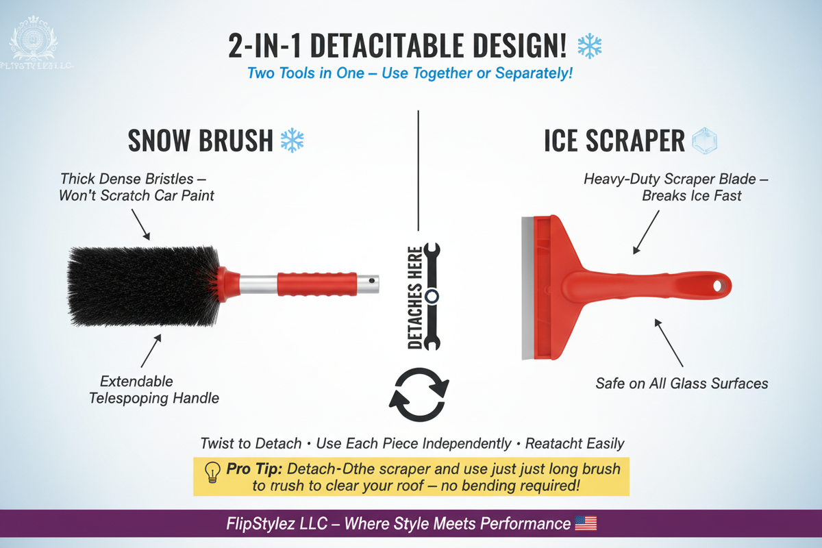 2-in-1 Car Snow Removal Brush & Ice Scraper | Multi-Functional Winter Snow Shovel with Extendable Handle | Auto Windshield Defrost Tool