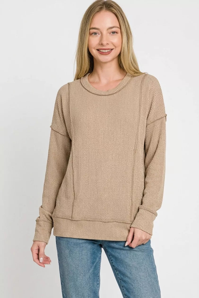 Zenana Corded Rib Long Sleeve Round Neck Top