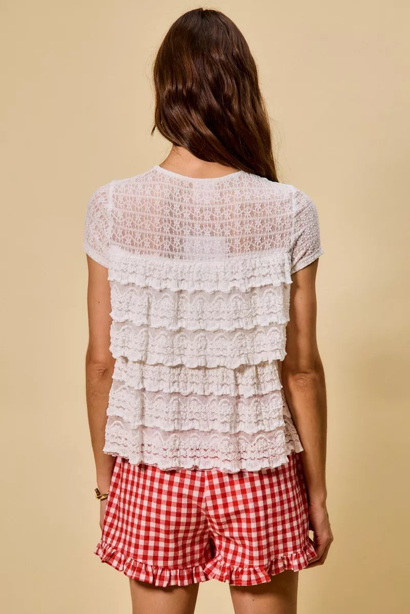 SO ME Ruffle Tiered Stretch Lace Short Sleeves Knit Top