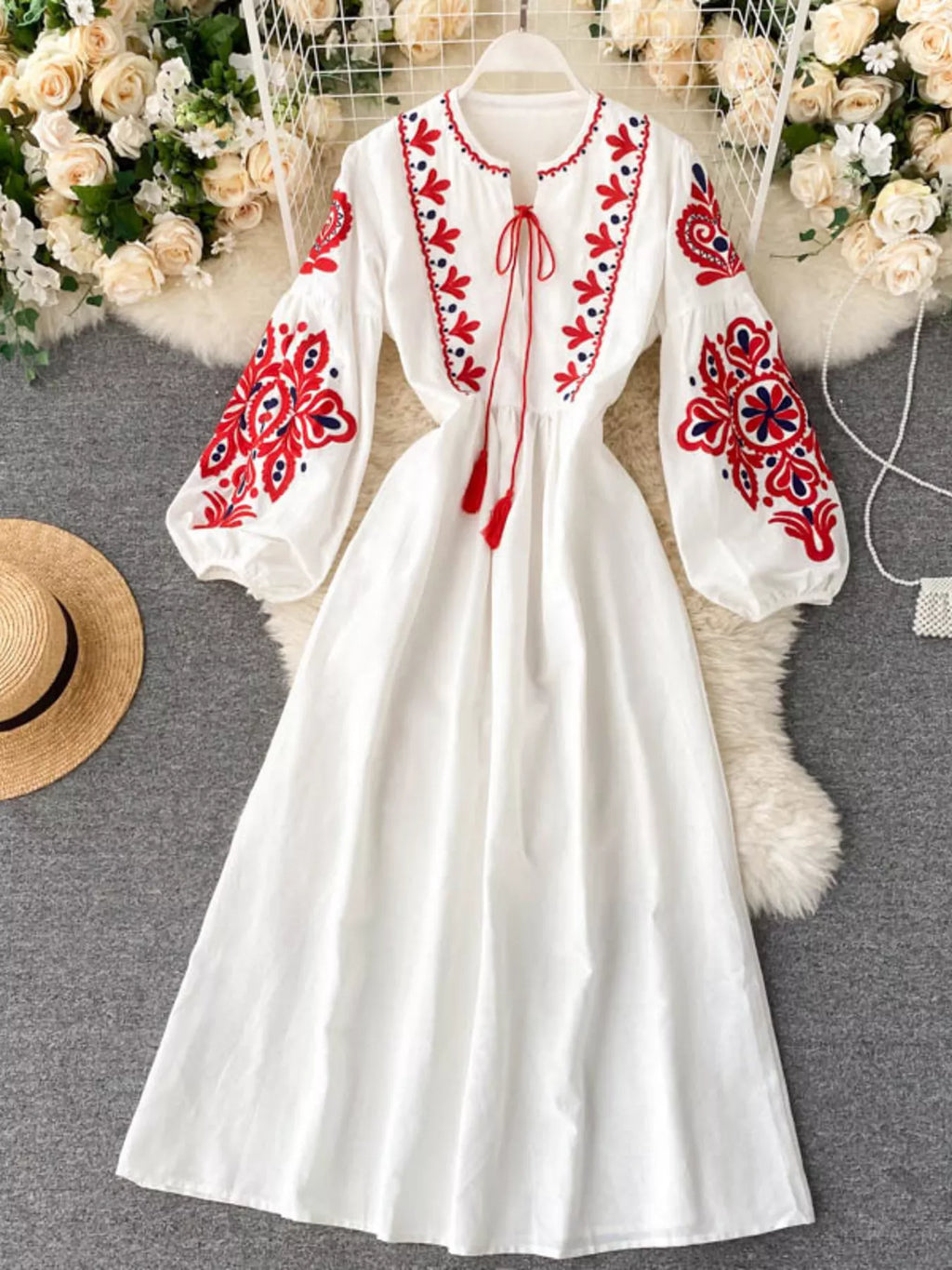 Embroidered Tie Neck Long Sleeve Dress