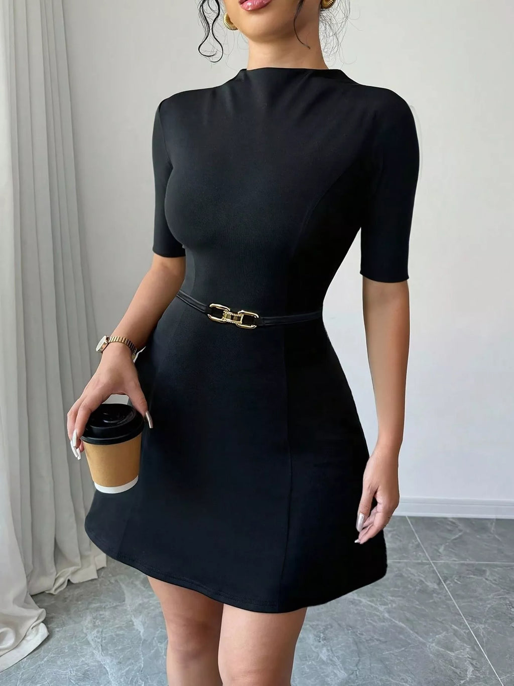 Mock Neck Short Sleeve Mini Dress