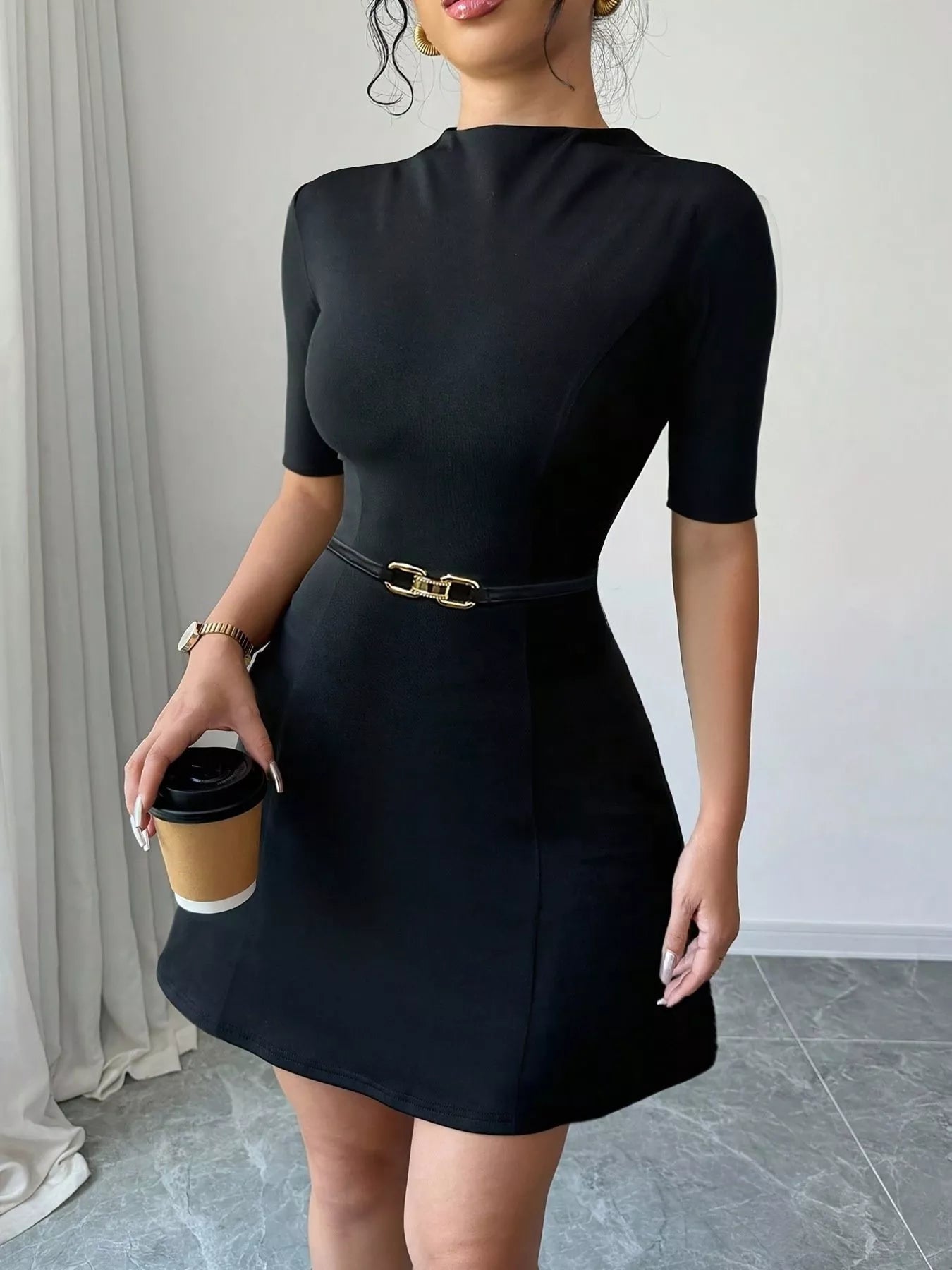 Mock Neck Short Sleeve Mini Dress