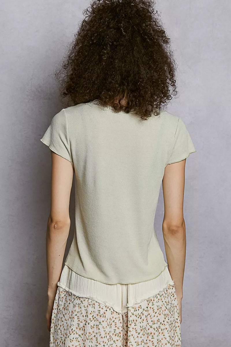 POL Round Neck Short Sleeve Crop T-Shirt with Lace Trim