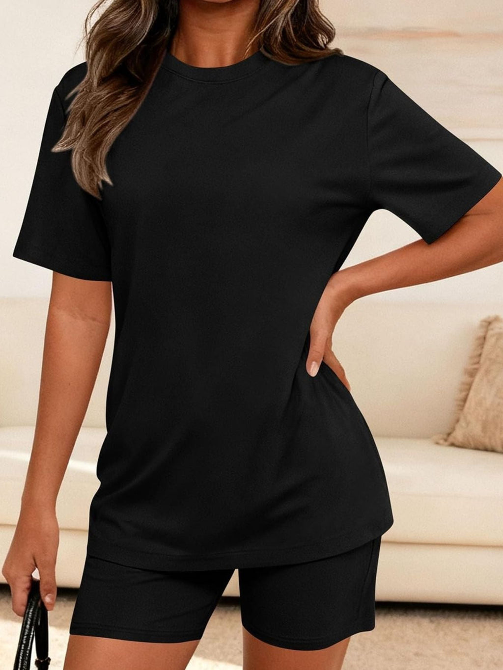 Round Neck Short Sleeve Top and Shorts Set