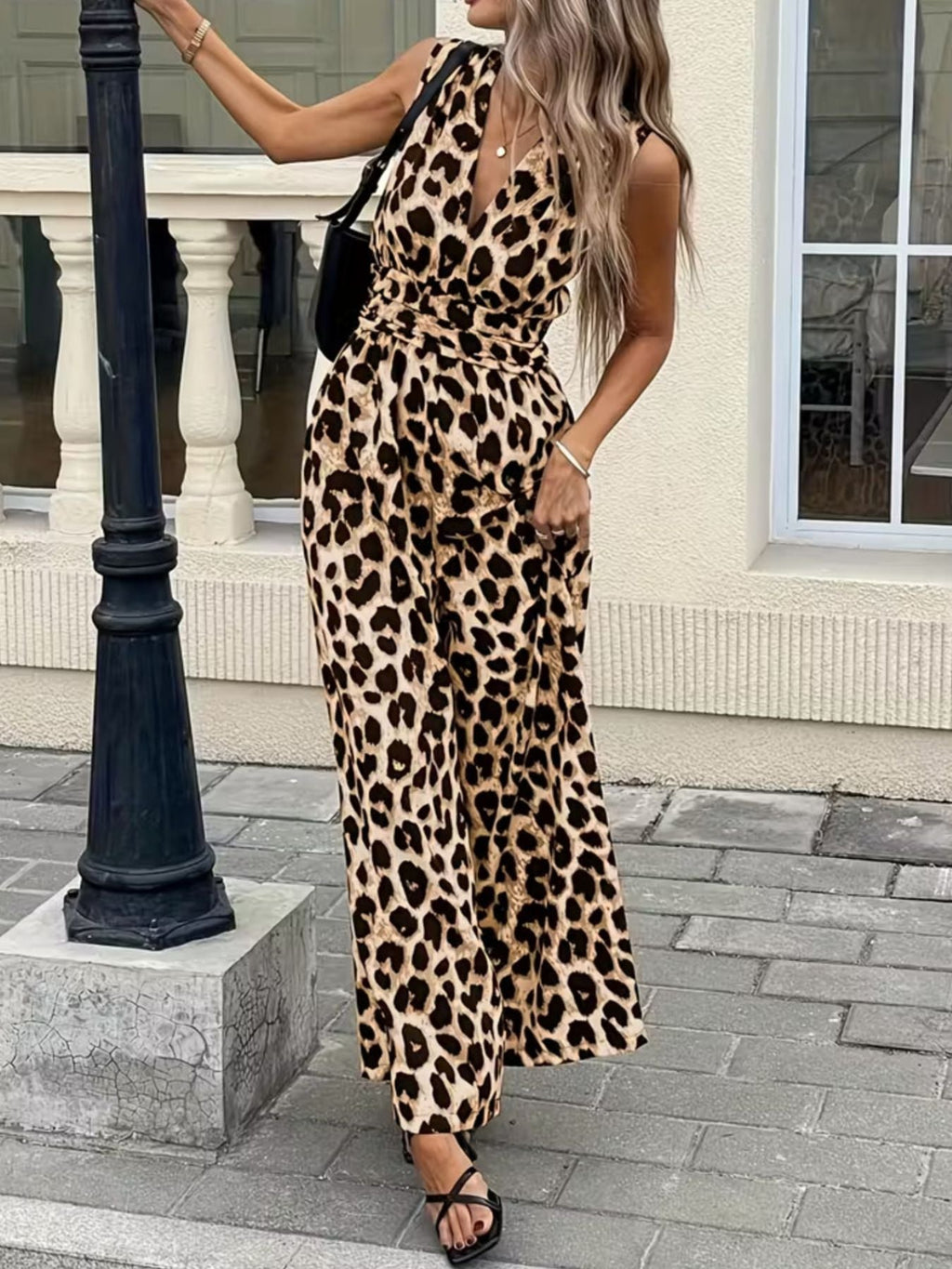 Sleeveless V-Neck Leopard Print Wide Leg Jumpsuit