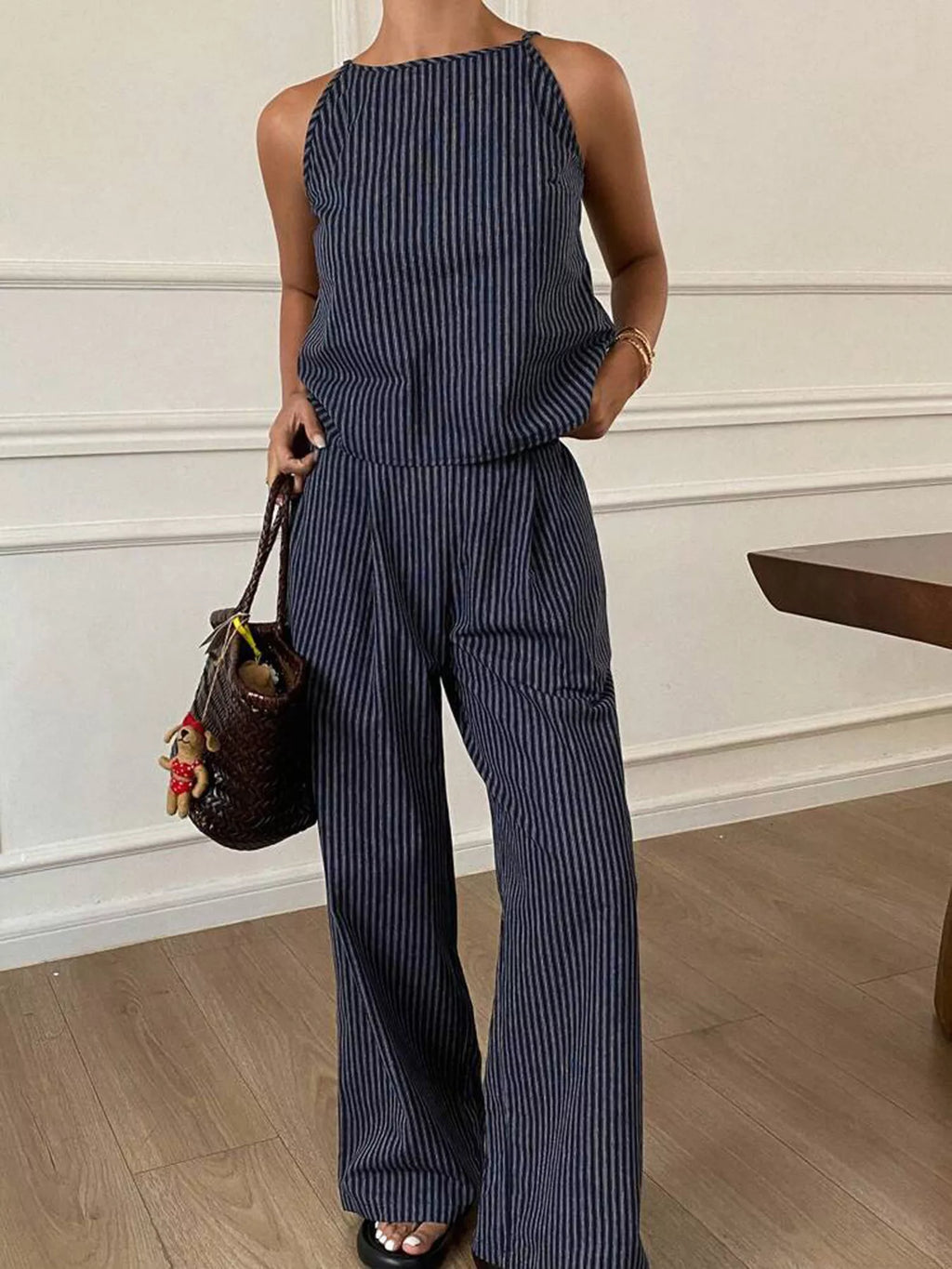 Striped Sleeveless Top and Wide-Leg Pants Set