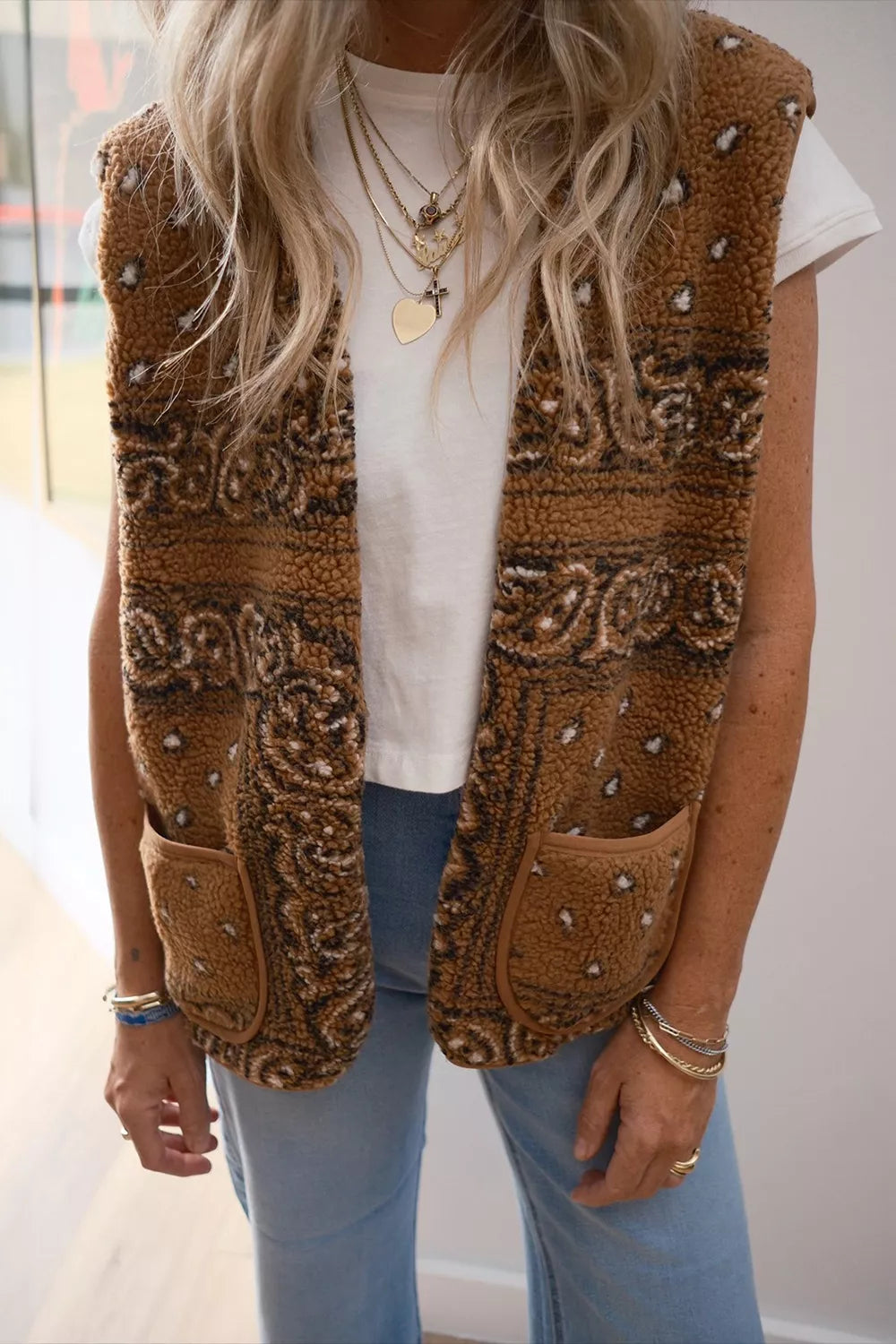 Fleece Open Front Vest Coat