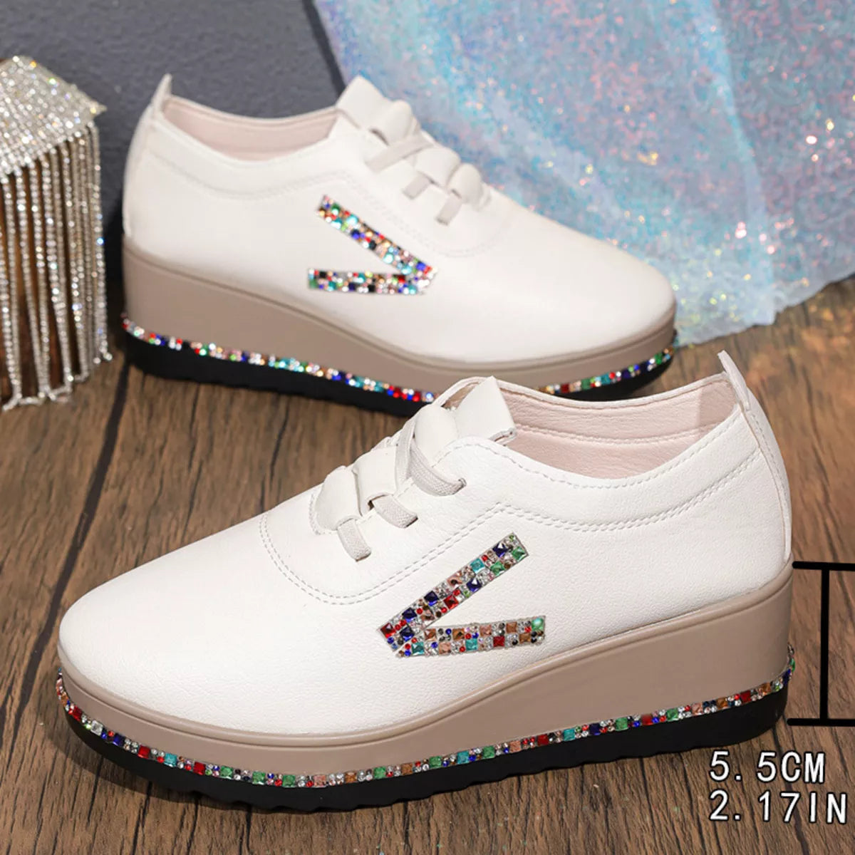 Rhinestone Round Toe Wedge Sneakers
