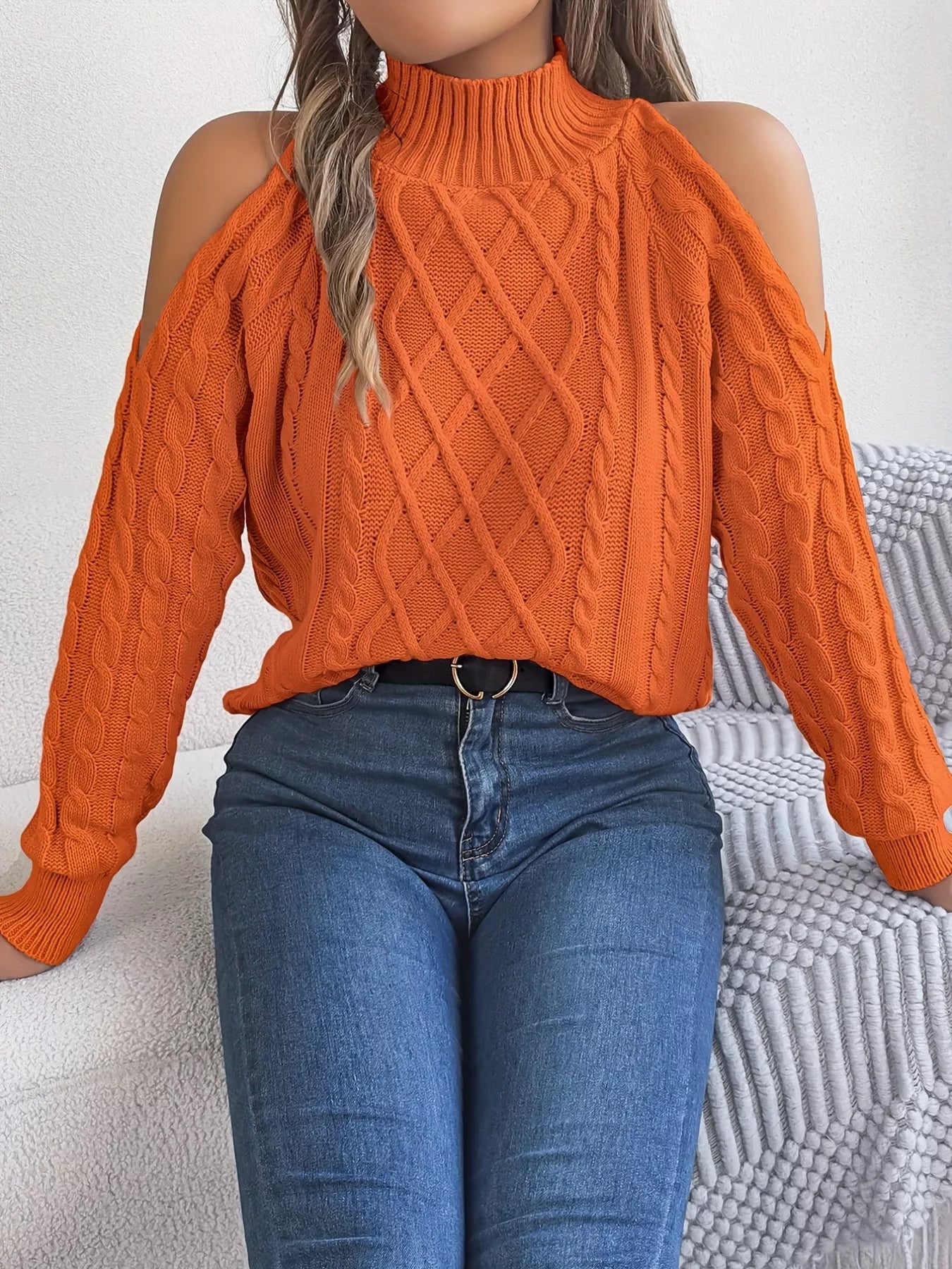 Cable Knit Cold Shoulder Turtleneck Sweater