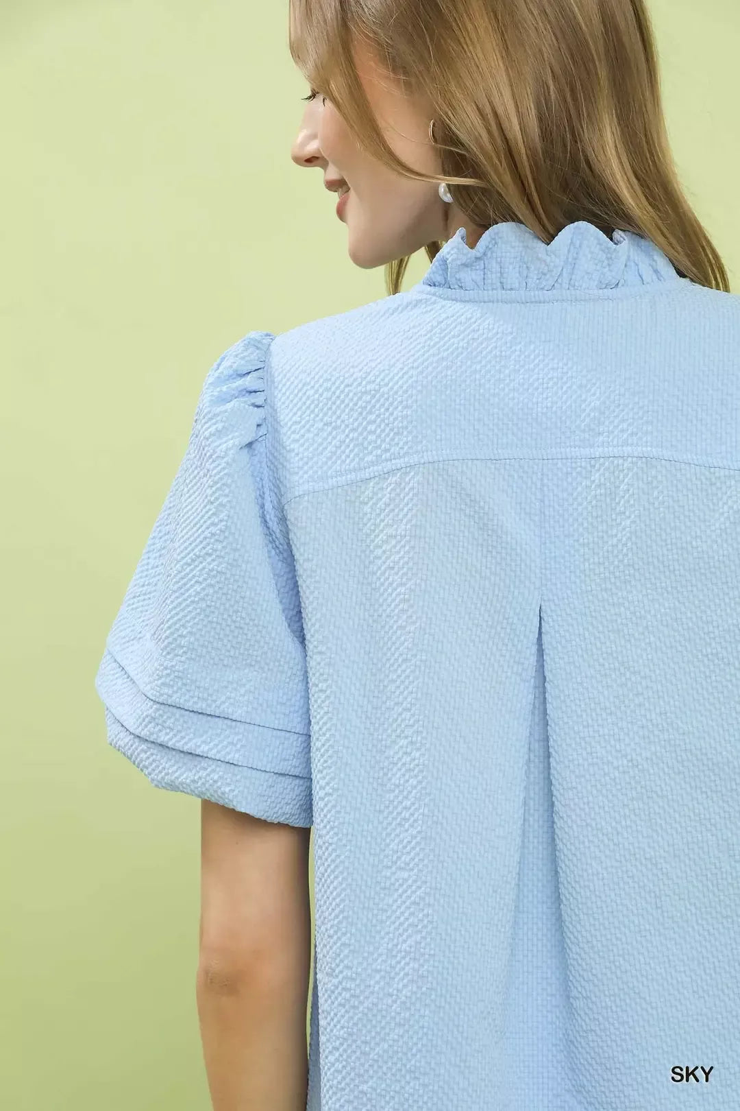 Umgee Textured Scallop Trim Puff Sleeve Blouse