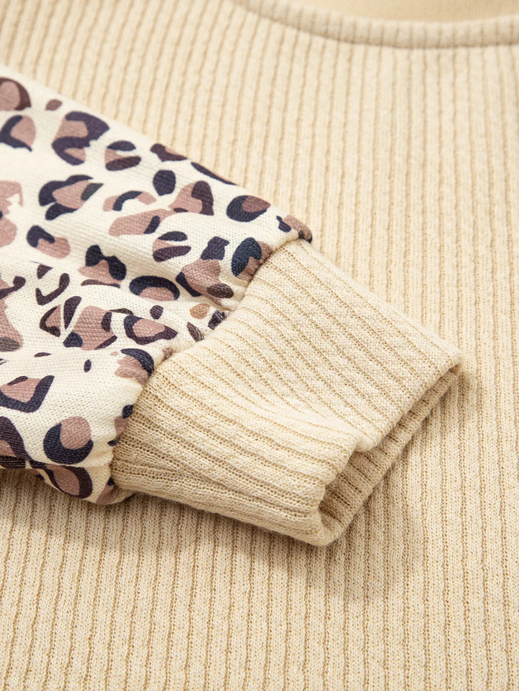 Leopard Sleeve Patchwork Ribbed Knit U Neck Top
