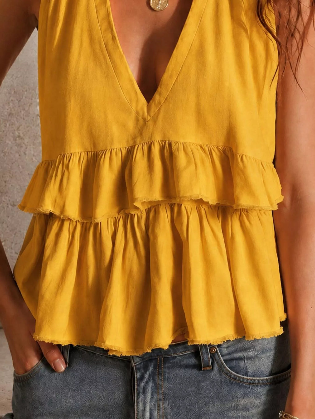 Ruffled V-Neck Sleeveless Top