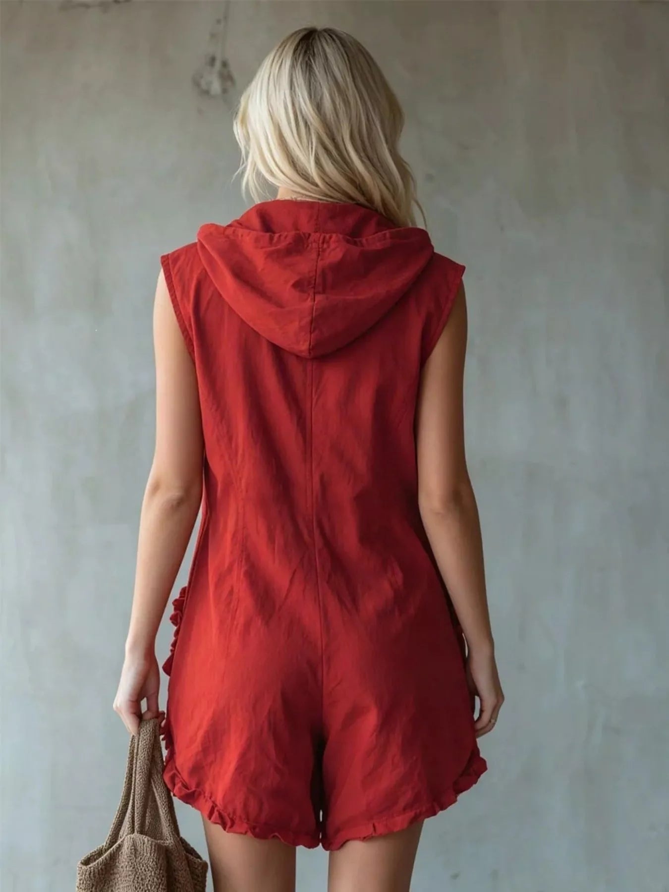 Full Size Hooded Sleeveless Zipper Romper with Ruffled Pockets Plus Size