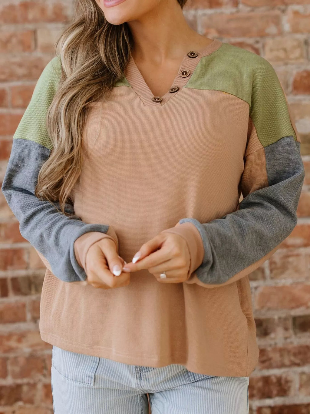 Color Block Thermal Textured Knit Drop Shoulder Henley Top