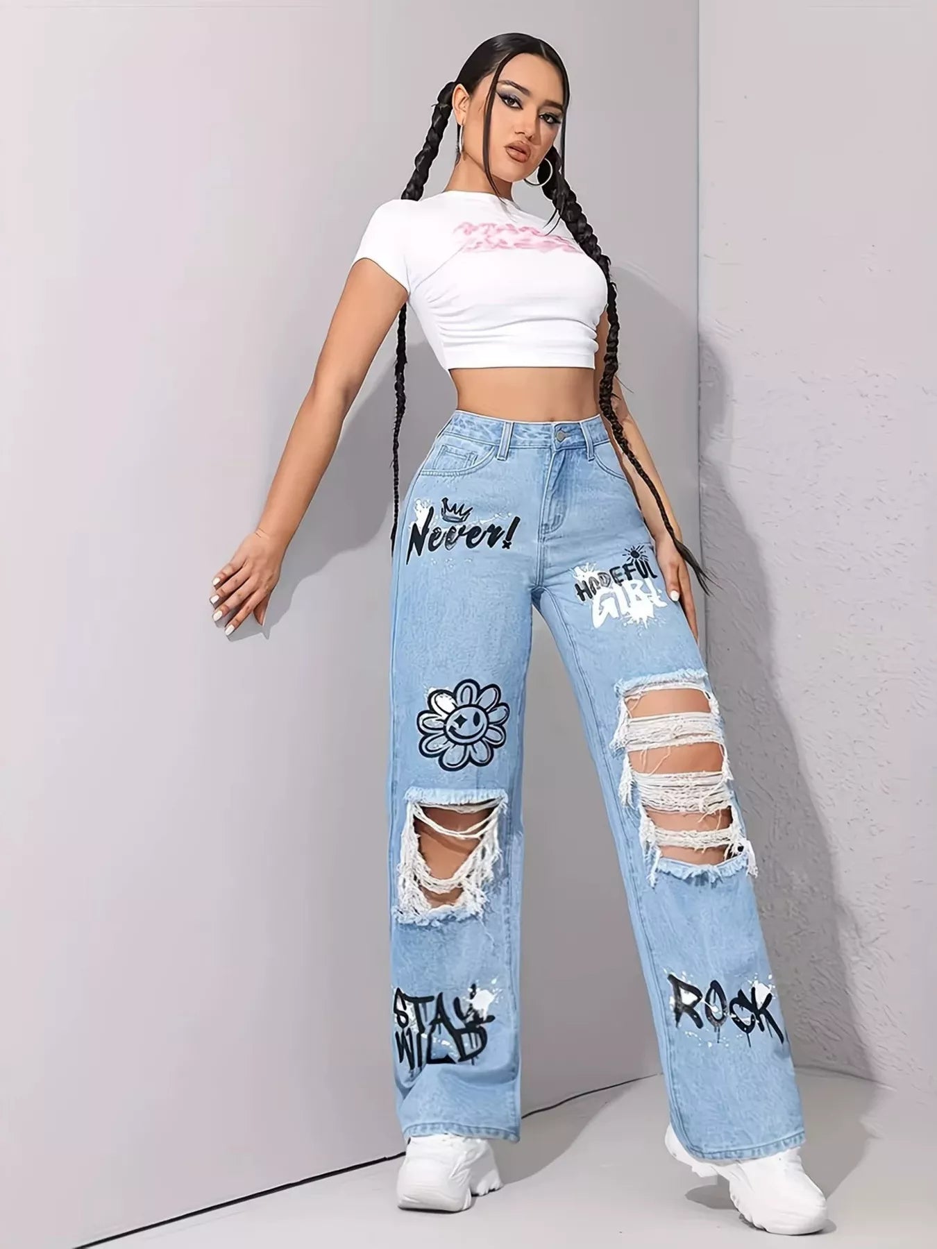 Graffiti Distressed Wide Leg Jeans