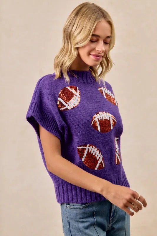 BiBi Gameday Sequin Football Patches Rib Banded Sweater