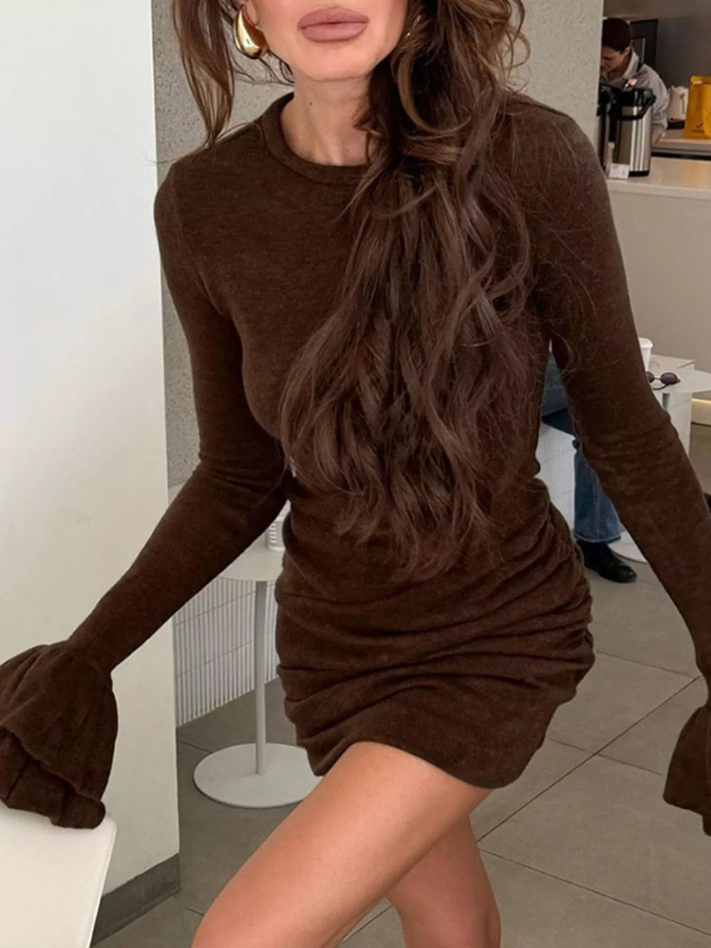 Ruched Flounce Sleeve Mini Dress