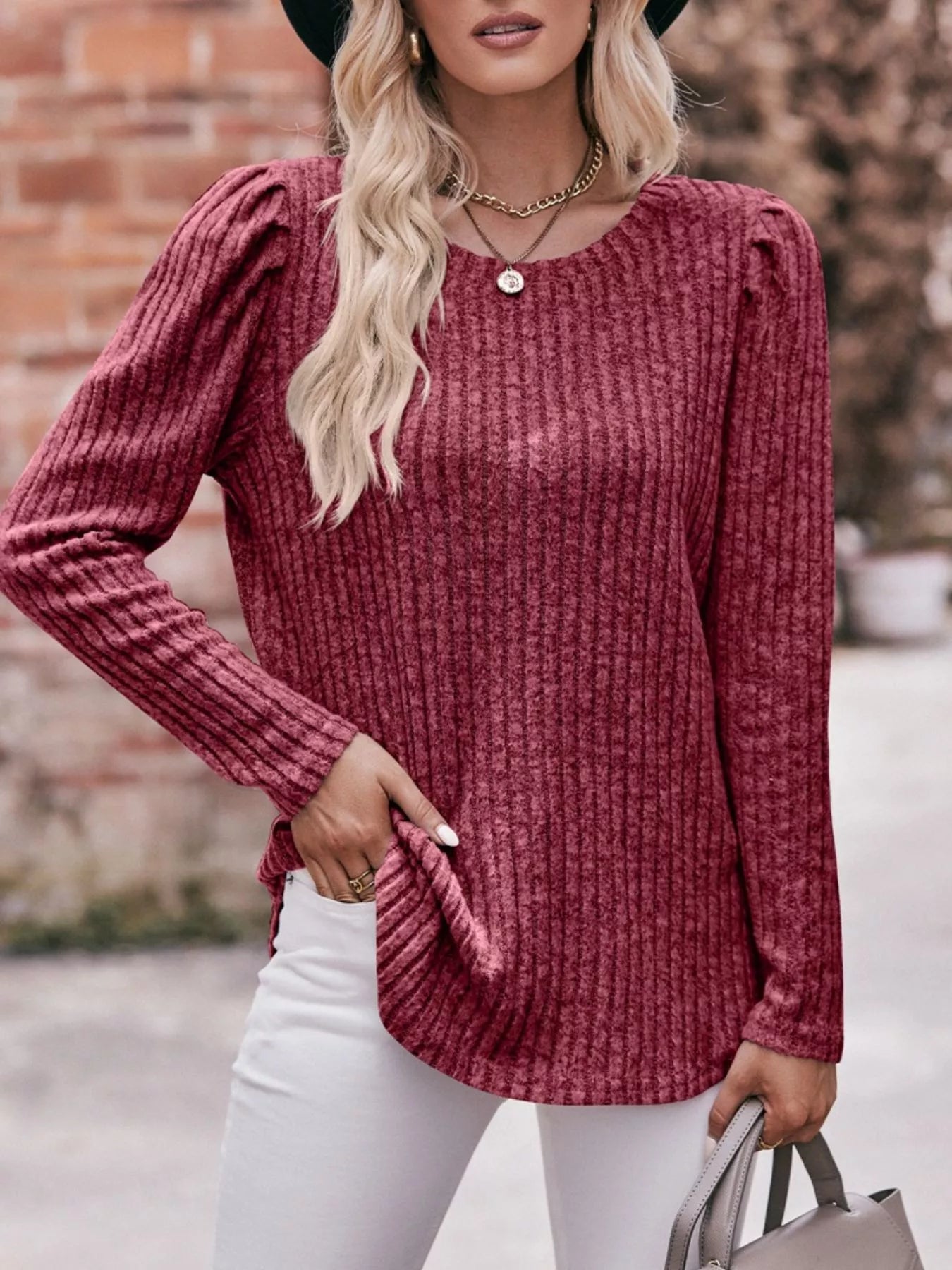 Ribbed Knit Puff Sleeve T-Shirt
