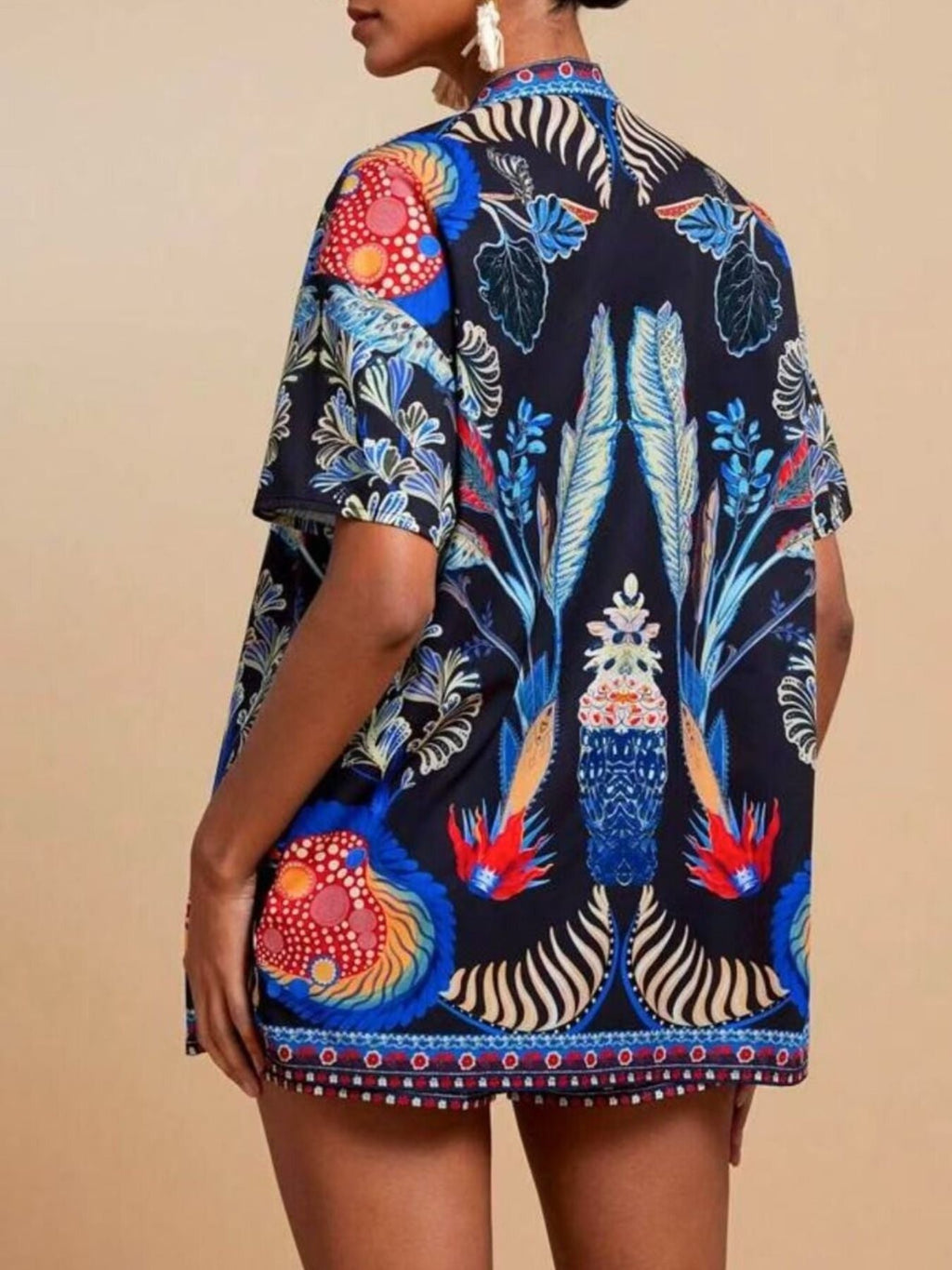 Printed Open Front Cardigan and Shorts Set