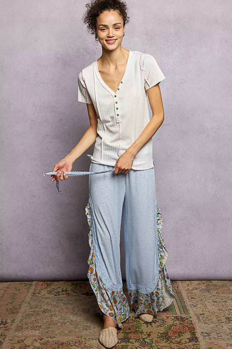 POL V-Neck Short Sleeve Top with Stitch Seam Detail