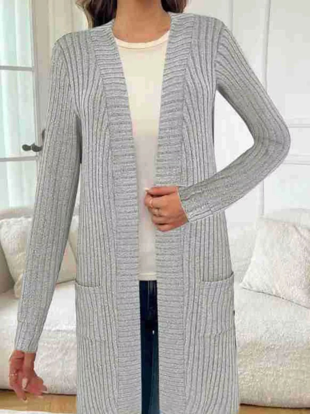 Ribbed Knit Open Front Cardigan