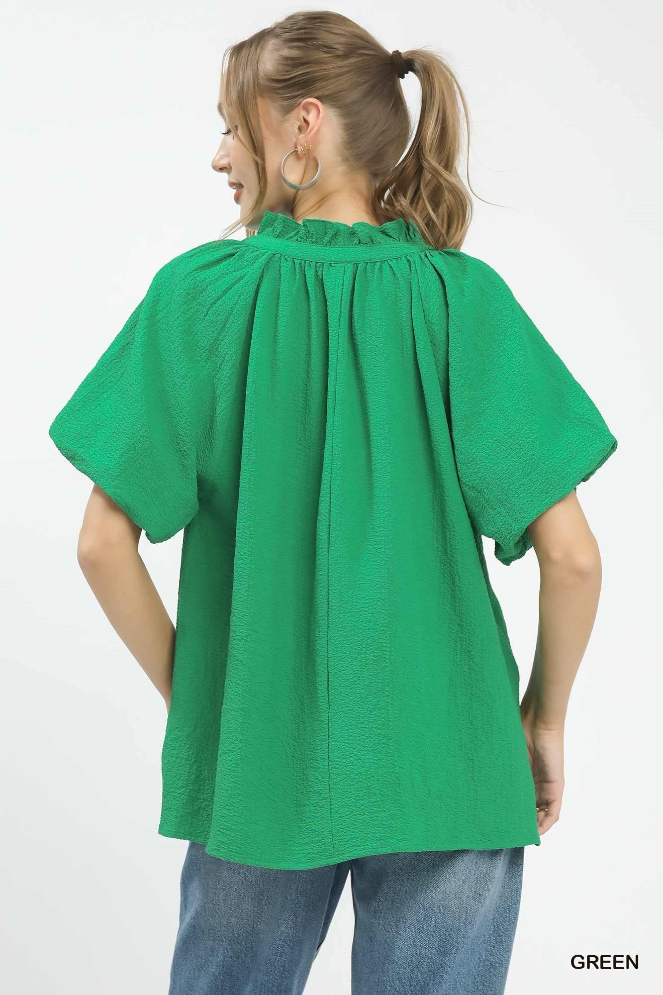 Umgee Puff Sleeve Ruffle Neck Tunic Blouse