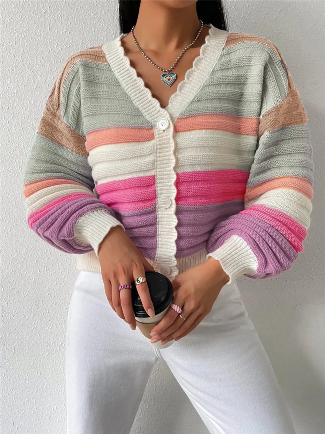 Rainbow Striped Cropped Cardigan with Balloon Sleeves