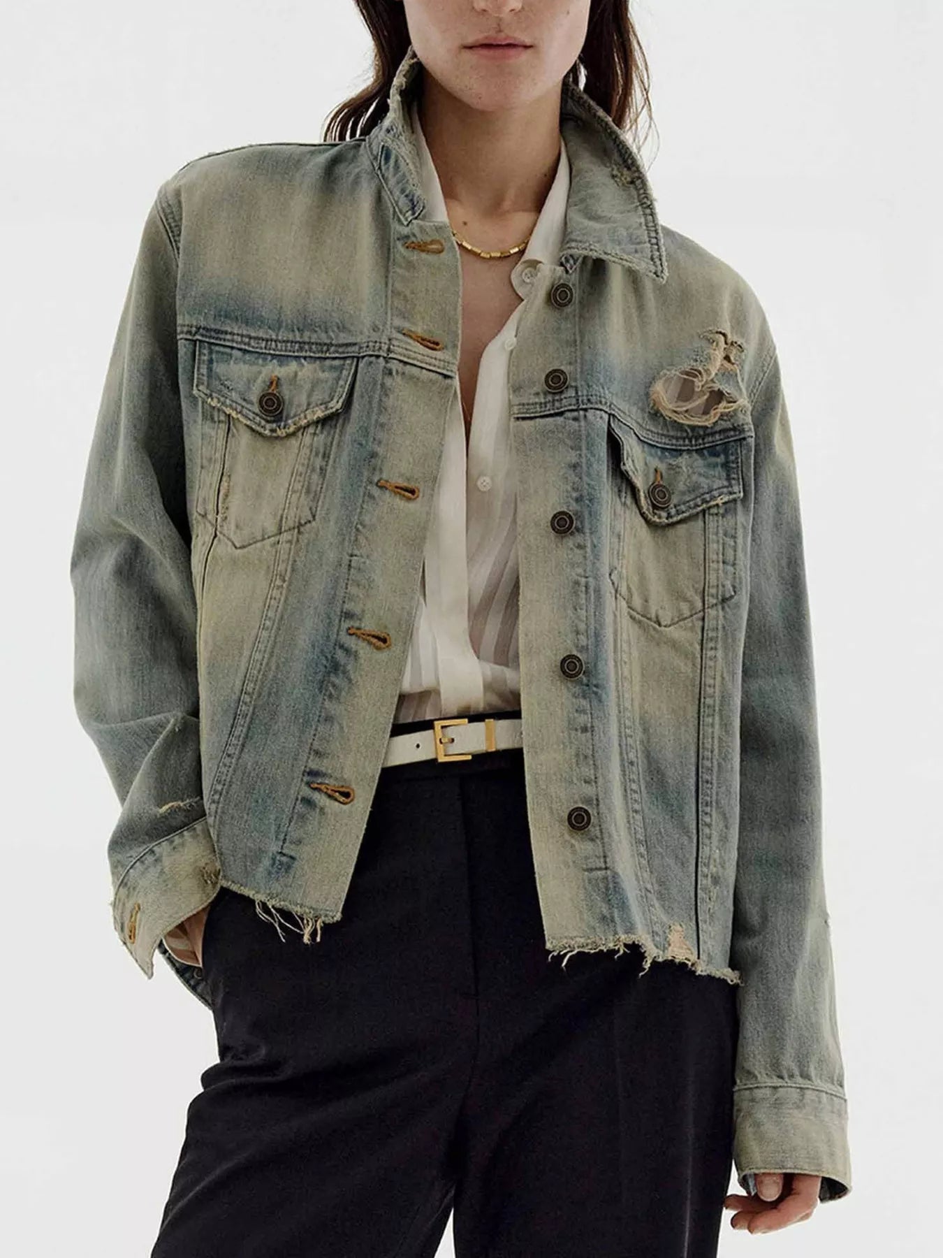 Distressed Wash Button Up Denim Jacket