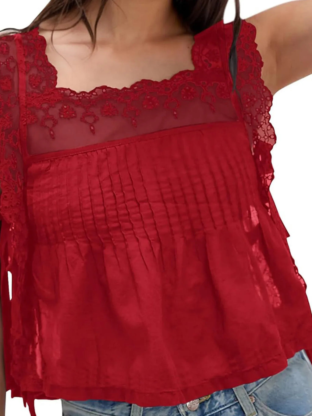 Lace-Trimmed Eyelet Square Neck Top