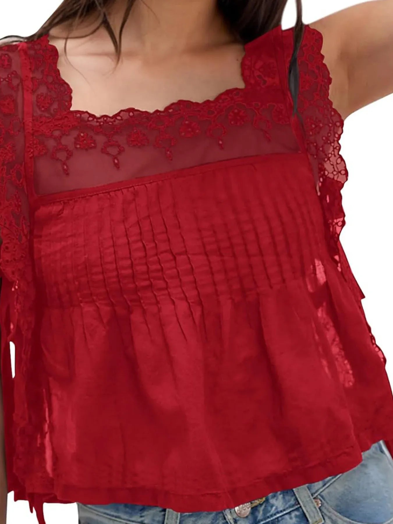 Lace-Trimmed Eyelet Square Neck Top
