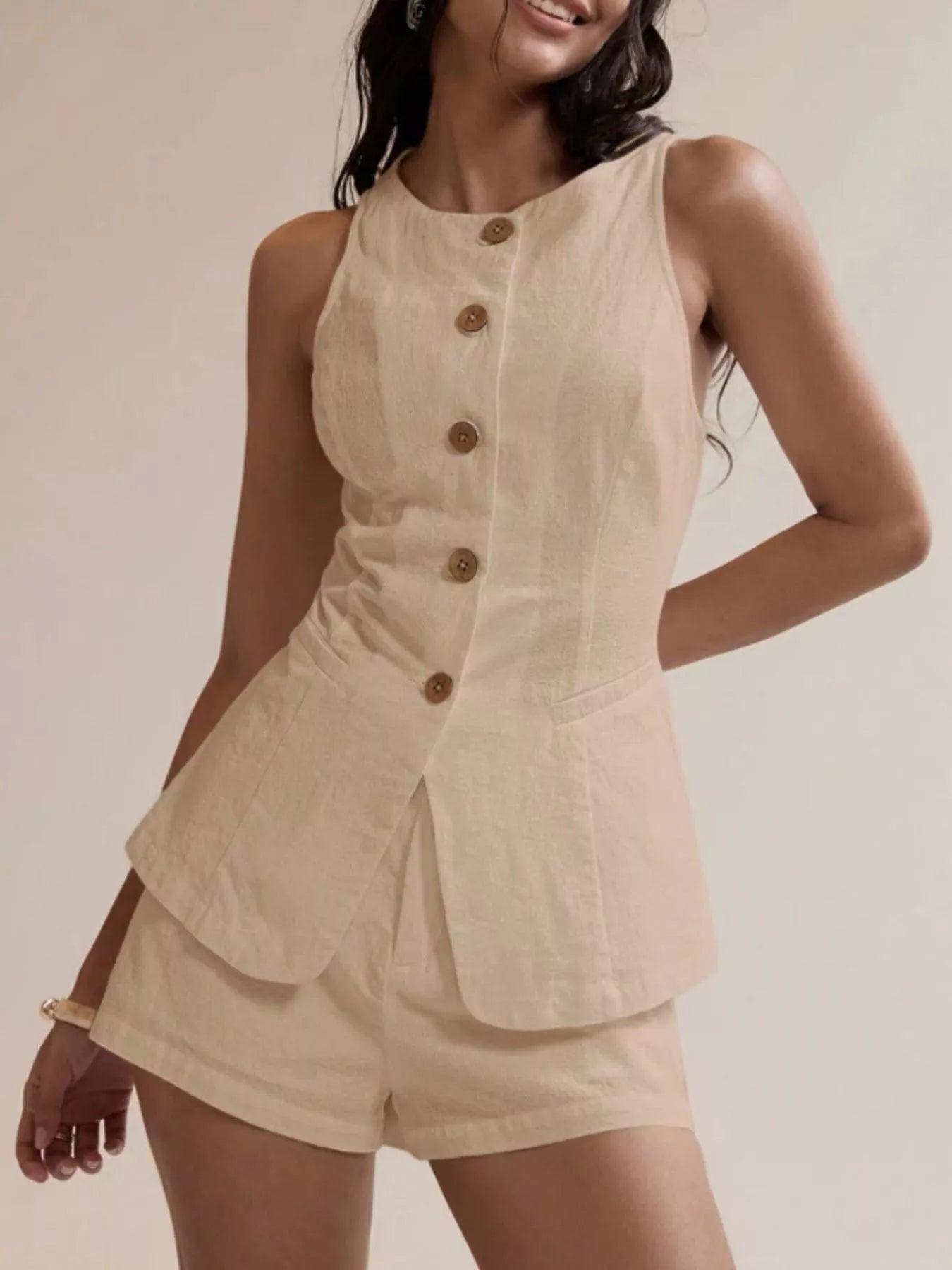 Button-Down Sleeveless Top and Shorts Set