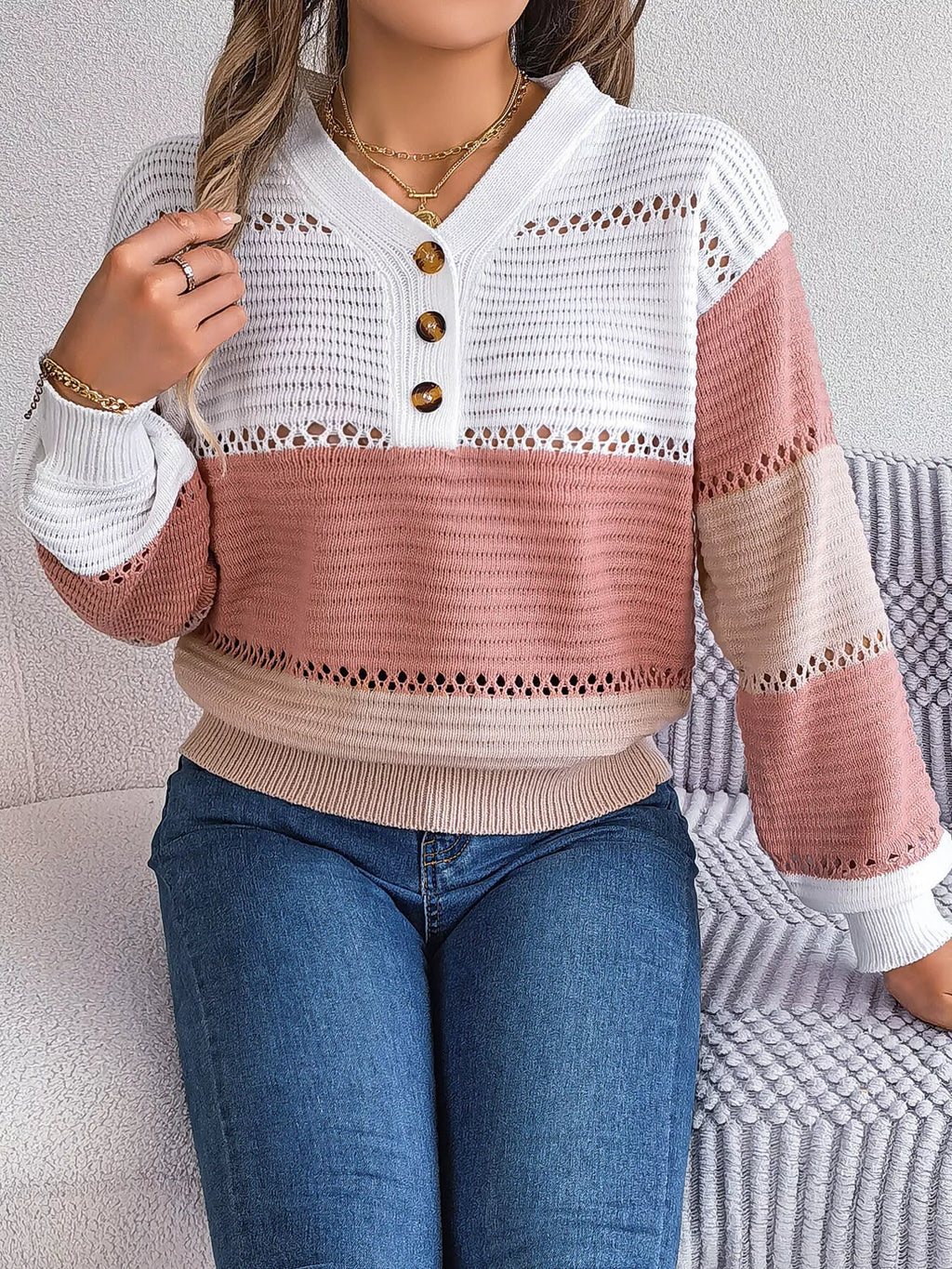 Color Block Striped V-Neck Button Detail Sweater
