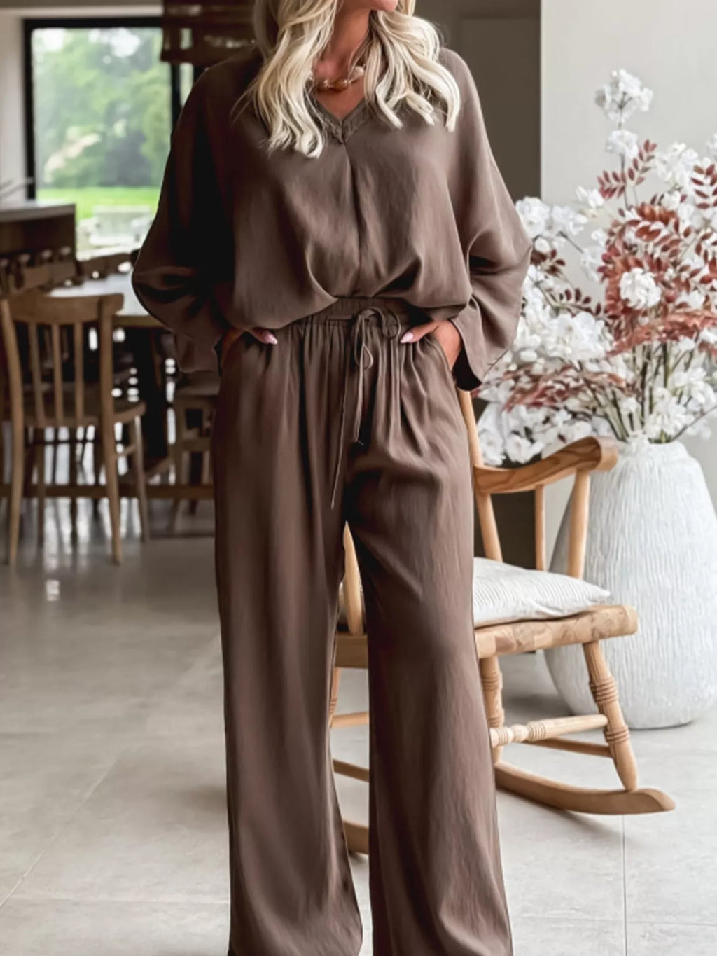 Braided V Neck Long Sleeve Loose Top and Drawstring High Waist Pants 2pcs Outfit