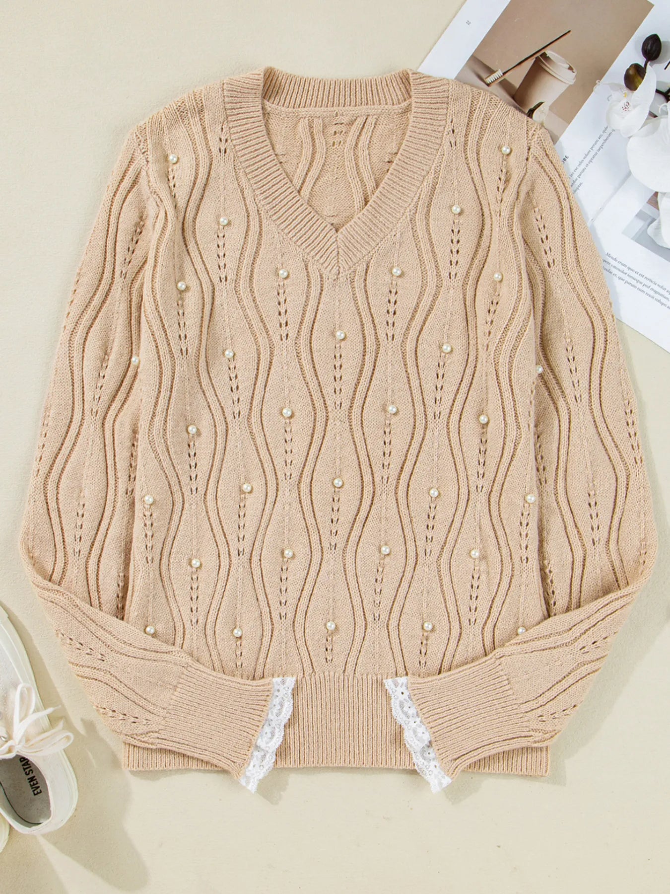 Pearl Beaded Pointelle Knit V Neck Lace Patchwork Sleeve Sweater