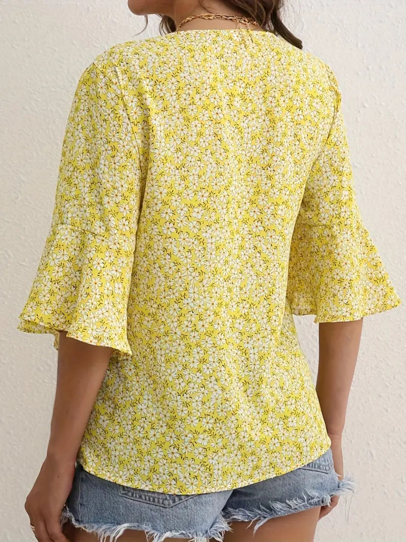Floral Print V-Neck Bell Sleeve Blouse