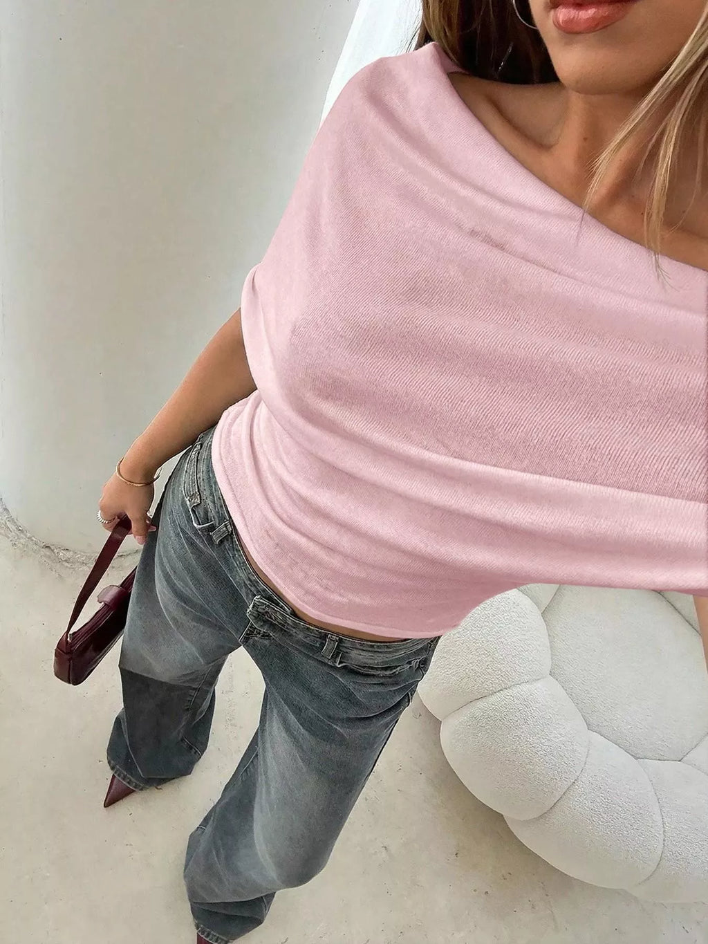 Off-Shoulder Ruched Knit T-Shirt